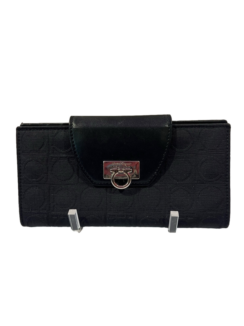 Salvatore Ferragamo Black Embossed Wallet Clutch with Ring Closure